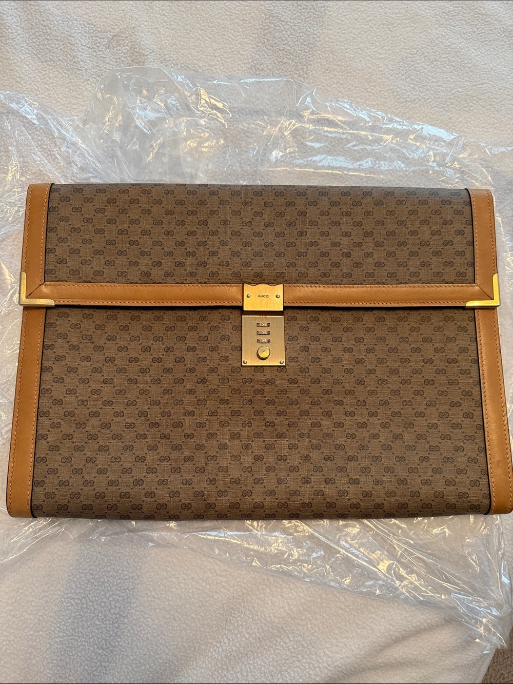 Gucci Brown Monogram Document Holder/Briefcase with Tan Leather Trim/ Gold.